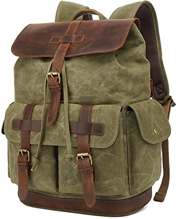 MXDVSN Mochila de cuero de lona para hombre, estilo vintage, casual, para laptop, para viajes, al aire libre, mochila casual, color verde militar, talla única