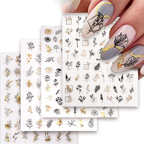 4 Sheets Holographic Gold Nail Art Stickers Black Nail Decals Self-Adhesive Manicure Tips DIY Nail Decorations for Women Girls (Flower Branches)