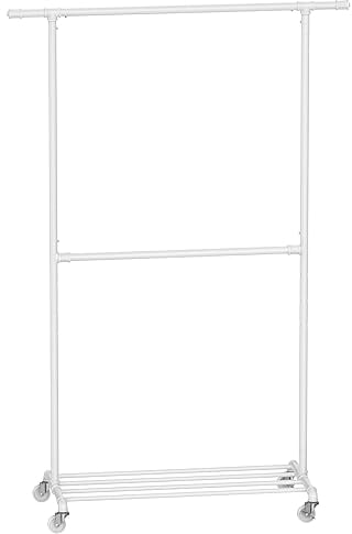SONGMICS Kleiderständer, Kleiderstange auf Rollen, 2 Stangen, Garderobenständer mit Ablage, bis 110 kg belastbar, klassikweiß HSR062W01