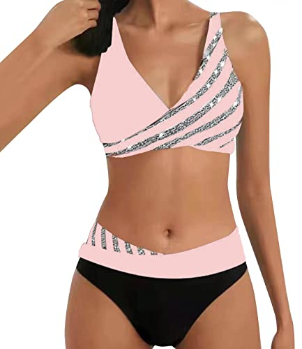 Allegorly Damen Bikini Set Triangel Breites Unterbrustband Bademodes Zweiteiliger Badeanzug Wickeloptik Lace Up Bikini Bademodes V Ausschnitt Blumenmuster Zweiteiliger Badeanzug (HJ1D-Pink, XL)