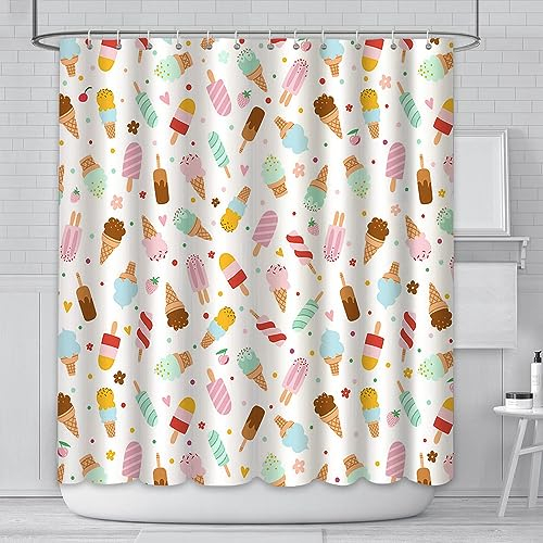AIBIIN 180x180cm Ice Cream Shower Curtain Summer Popsicle Flower Colourful Dot Pattern Modern Durable Waterproof Fabric Family Tub Accessory with 12 Hooks