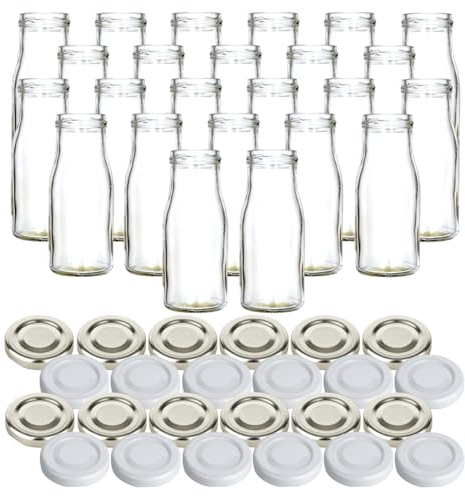 gouveo 24er Set Glasflasche für Saft mit Schraubdeckel in silberfarben und Weiss - Saftflasche 150 ml - Leere Flaschen für Saft, Smoothies, Limonade (SF150SW)
