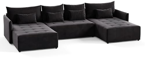 Wohnlandschaft Leno U mit Schlaffunktion - U-Form Couch, Ecksofa mit Bettkasten, Couchgranitur mit Bettfunktion, Schlafsofa, Big Sofa - Velours Stoff (Schwarz (Kronos 07))