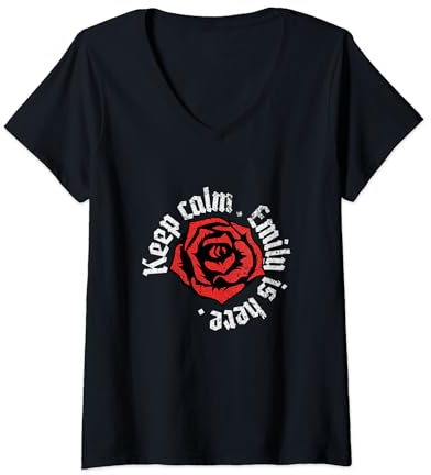 Keep Calm Emily is Here, lustiges Design mit Namen Grunge Rose T-Shirt mit V-Ausschnitt