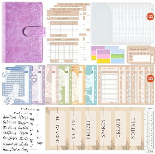 Budget Planner Deutsch | Binder - Sparchallenge, Giantzhong Budget Binder A6 Leder Startset, Geldumschläge Umschlagmethode - Finanzplaner Haushaltsbuch - Cash Stuffing (Purple)