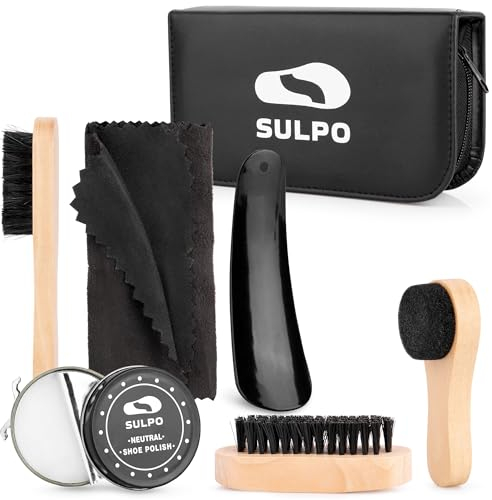 SULPO Schuhputzset Set 7 in 1- Lederschuhe Pflege - Travel Bürsten Set - Schuhpflege Lederpflege Schuhputzset - Ökologisches Leder Etui - 2 Schuhpolitur Farblos