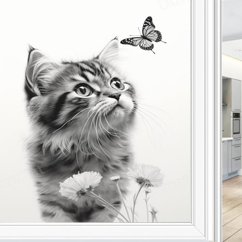 Farmhouse Katzen-Fenster-Sichtschutzfolie, schöne Blume, schwarz-weiß, Tier, Buntglas-Fensterfolie, dekorative Fensterfolie für Fenster und Glastür, Sonnenblockierung, 60 x 90 cm
