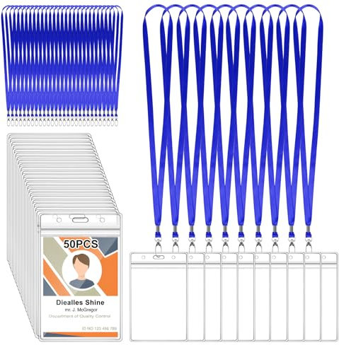 Diealles Shine Portatarjetas de Identificación, Paquete de 50 Portatarjetas de Identificación con Cinta, Porta Credencial de PVC Transparente Para Negocios, Ferias, Escuela (Vertical, Azul)