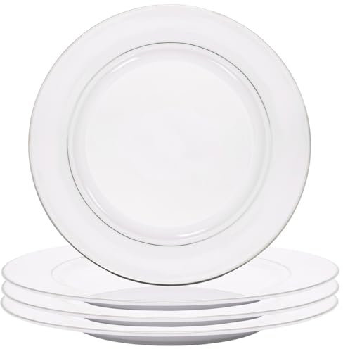 Happy Homewares Set of 4 Premium Durable White Gloss Ceramic Dinner Plates with Elegant Dual Shiny Silver Metallic Rims - Dishwasher Safe