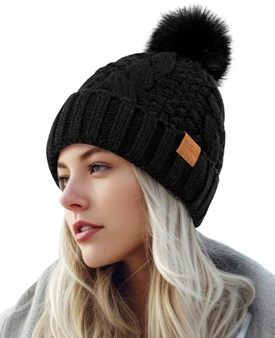 PIOZAED Women's Winter Pompom Beanie Warm and Cozy Knit Hat Fleece Lining Skull Cap for Women
