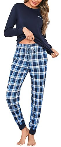 Bresdk Schlafanzug Damen Lang Pyjama Baumwolle Nachtwäsche Bequem Lounge Set Blau XL