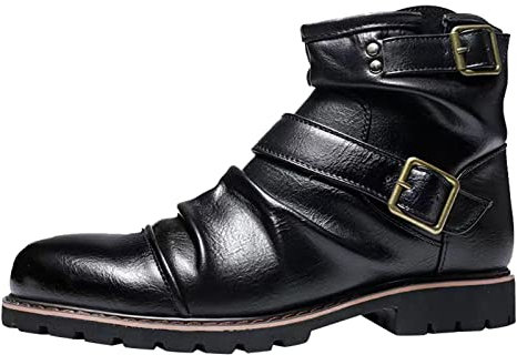 Generisch Scarpe da uomo High Top Stivali in pelle Vintage Fibbia Della Cintura Pieghettata Cerniera Laterale Stivali Corti Scarpe da Uomo Scarpe, Nero , 43 EU