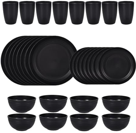 Makamsui Service de table de cuisine 32 pièces en plastique réutilisable pour 8 personnes - Assiettes plates, bols et tasses - Service de camping en plastique incassable pour pique-nique, fête,