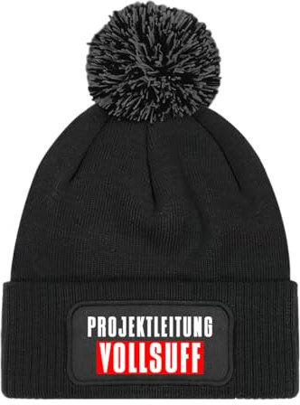 Projektleitung Vollsuff - Beanie mit Bommel | Strickmütze | Wollmütze | Beanie mit Druck | lustige Sprüche | Apres-Ski | Winter | Schwarz