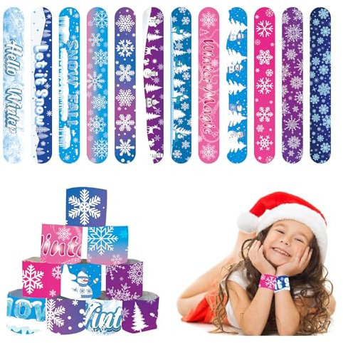POPOYU 24Pcs Schneeflocken Slap Armbänder,Snap Armband Bänder für Geschenke Tasche Füller,Haustier Katze Party Gastgeschenke,Schneeflocken Armbänder für Kinder Geburtstagsgeschenke Katze Thema PPQ