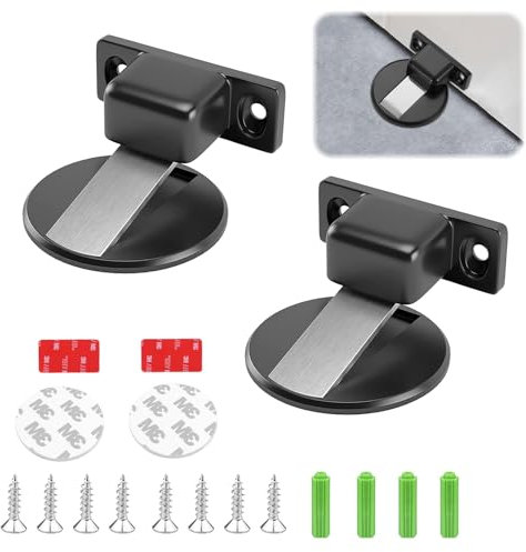 Yuqilin 2 Pezzi Fermaporta Magnetico Autoadesivo, Ultra Sottile con Forte Magnetismo, Nastro Adesivo e Viti per Bagno e Camera Letto（Nero）