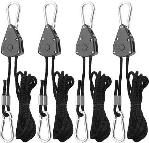 4 Pièces Crochets à Cliquet, avec Cordes en Nylon Sangle, Cintres à Cliquet RéGlables 1/8,Poulie Retractable pour Plantes pour Les Lampes, Plantes et Les Pots de Jardinage Chaque