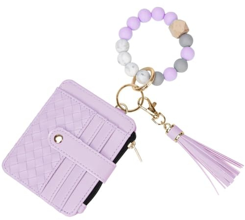 KABAKE Wristlet Bracelet Keychain Credit Card Holder Purse,RFID Blocking Zip Slim Wallet,Silicone Bead Tassel Key Ring for Women