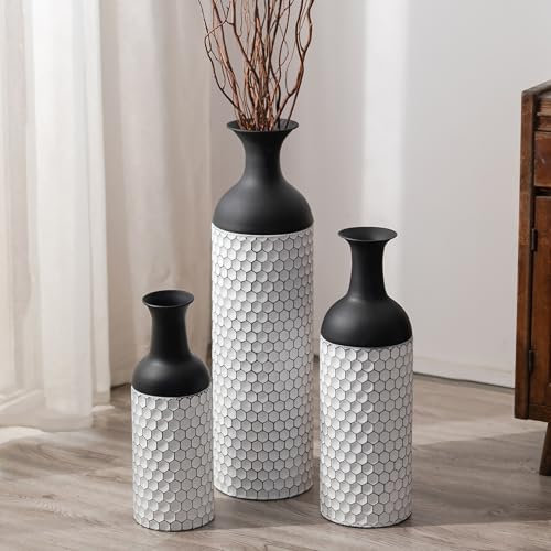 Sziqiqi Bodenvase Groß Weiß Dekorative : 68/51/41cm Schwarz Bodenvase Große Set of 3 - Metall Wabenstruktur Bodenvasen für Wohnzimmer - Moderne Vasen Groß für Boden Schlafzimmer Büro