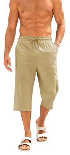 Runcati Men's Cotton Linen Bermuda Shorts 3/4 Length Summer Trousers Yoga Jogger Casual Sweatpants Sports Leisure Trouser with Pockets