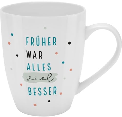 H:) PPY life Becher mit Motiv Früher | Tasse mit Spruch, New Bone China Porzellan, 35 cl, mit Geschenkbaderole | lustiges Geschenk, Geburtstag | 74189