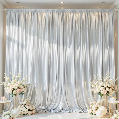 Silberne Satin-Hintergrundvorhänge, 2 Paneele, glitzernde Foto-Vorhänge für Babyparty, 3 x 3 m, Schimmernde Hintergrunddekoration, faltenfrei, für Geburtstagsparty, Abschlussball, Hochzeitstag
