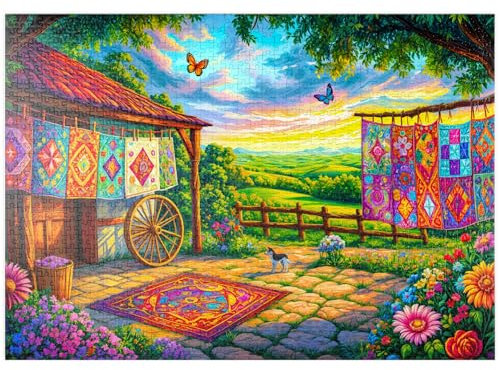 MyPuzzle Bunte Patchwork-Quilts auf dem Land – Idyllische Kunstszene - Premium 1000 Teile Puzzle - MyPuzzle Sonderkollektion von Puzzle Galaxy