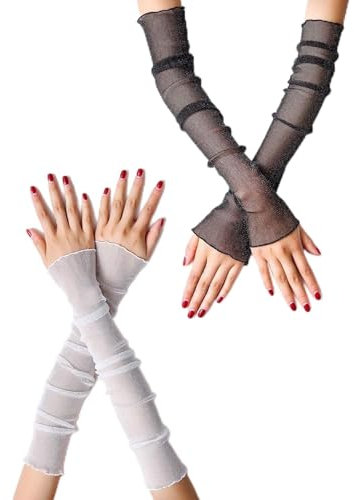 TPZORJX 2 Paar Armstulpen Damen Kühlung Arm Ärmel Lange Ultradünne Fingerlose Ellbogen Sommerhandschuhe Sonnenschutz UV Schutz Kühles Netz Tül Outdoor Sportaktivitäten Fingerlose Armstulpen Party