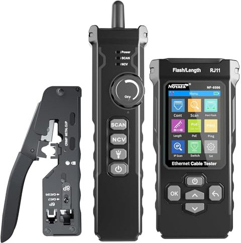 NOYAFA NF-8506 Network Cable Tester with RJ45 Crimp Tool, CAT5 CAT6 Network Tester, IP Scan, PoE Ping Test, Network Rate Test, Port Flashing, RJ45 RJ11 Ethernet Cable Tester with Crimper Stripper