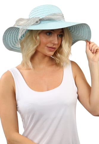 Ladies Glitter Sun Hat – Lightweight Summer Floppy Hat with Sheer Ribbon Bow, Wide Brim Sun Protection – One Size (56cm) – Pink or Blue