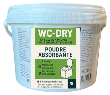 Poudre absorbante toilettes sèches, désodorisant naturel, parfum eucalyptus, fabriqué en France, idéal pour camping, randonnée, chantiers - WC-DRY (Seau 3L)