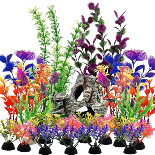 SLOCME Ensemble de 25 pièces de plantes d’aquarium et de décorations de grotte en roche – Ornements colorés en plastique pour aquarium avec cachette en roche en résine, accessoires de décoration d