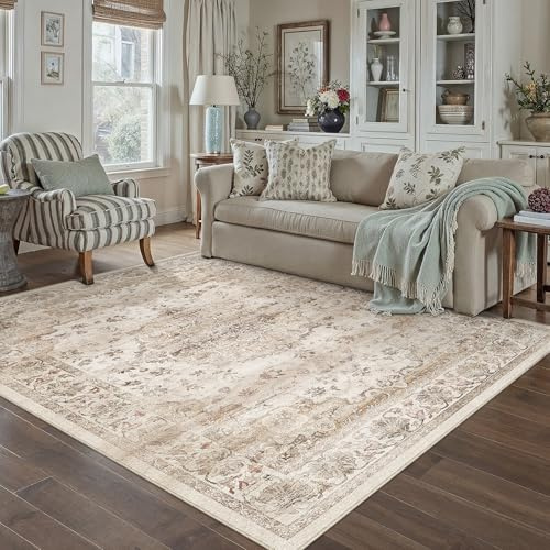PureCozy Waschbarer Teppich Wohnzimmer 140x200cm Vintage Tepich,Beige | Weich Kurzflor Groß Carpet, Rutschfest, Leicht, Schlafzimmer, Esszimmer, Büro, Kinderzimmer