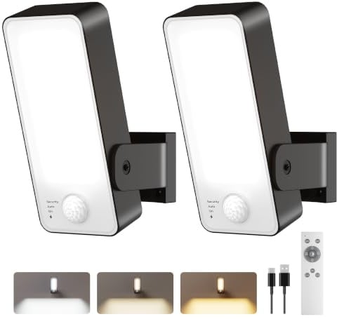FULNIX Motion Sensor Light Outdoors, 12000mAh Rechargeable 600 Lumen Battery Powered Outdoor Lights with 3 Modes, 3 Colors, IP65 Waterproof LED Security Light for Garden, Garage (Black, 2 Pack)