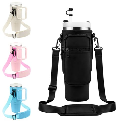 EOAMGO Stanley Cup Bag 40oz, Water Bottle Bag with Phone Pocket & Adjustable Shoulder Strap, Stanley Cup Holder with Straw Cover for Walking Travel (Black, 40oz)
