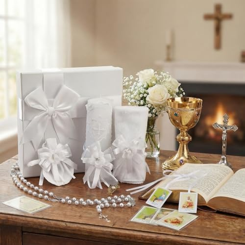 Liliful 7-teiliges weißes Taufkerzen-Set für Erstkommunion, katholische Taufkerze, Handtuch, Rosenkranz, Halskette, Muschel-Anhänger, für Paten, Gäste, Gastgeschenk, Dekoration, Taufe, Erstkommunion