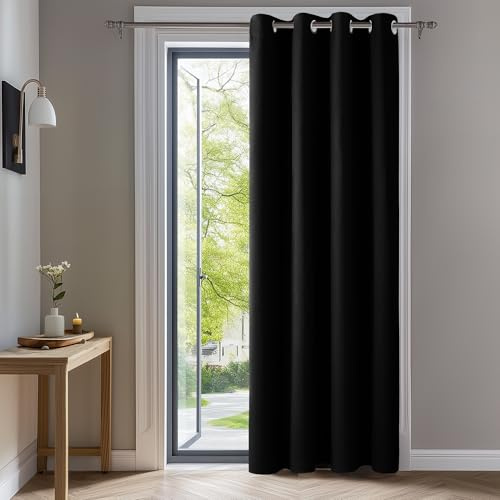 Deconovo Verdunkelungsvorhang Hitzeschutz Thermovorhang mit Ösen Schwarz | 1 Stück, H200 x B140 cm, Ösenschal Vorhang, abdunkelnd, mit Sichtschutz, für Wohnzimmer und Schlafzimmer, Blackout Curtain