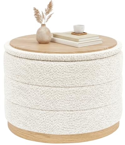 Bonlife Round Chenille Storage Ottoman Coffee Table, Folding Footstool with Table Top, for Living Room Bedroom Hallway,Wood-grain Synthetic Leather Base,Cream,58x58x44cm