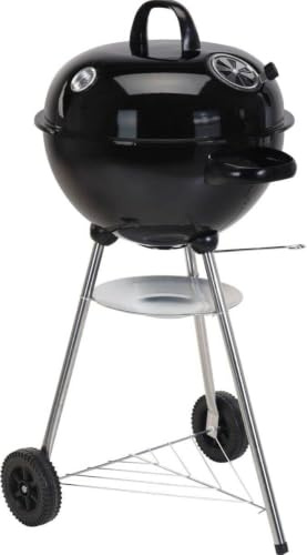 Round Kettle Charcoal BBQ Grill with Lid, Built-in Thermometer, Adjustable Air Vent & Wheels | Large Steel Outdoor Barbecue for Garden, Patio, Camping & Summer Cooking | 47 x 75cm