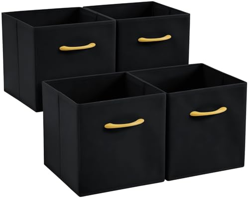 Collapsible Fabric Storage Cubes, Pack of 4 Foldable Boxes with Handles | Black 33 x 38 x 33 cm | Non-Woven Fabric | Open-Top Cube Shelf Baskets For Wardrobes, Toys, Clothes & Nursery