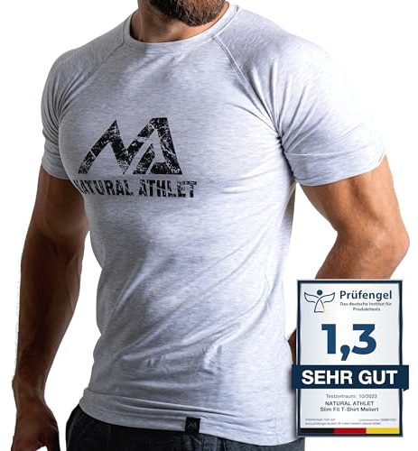 Herren Fitness T-Shirt meliert - Männer Kurzarm Shirt für Gym & Training - Passform Slim-Fit, lang mit Rundhals, Hellgrau, M