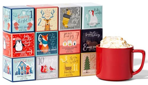 Thoughtfully Gourmet, set regalo di cioccolata calda 12 giorni di Natale, i gusti includono Rocky Road, biscotti al burro, torta di zucca e altro ancora, set di 12 pezzi