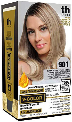 Thader Th Pharma V-Color Kit de Tinte permanente Sin Amoniaco con Oro Líquido 100% Cobertura de canas, 120 ml (Nº 901 Rubio Platino Natural Ceniza)