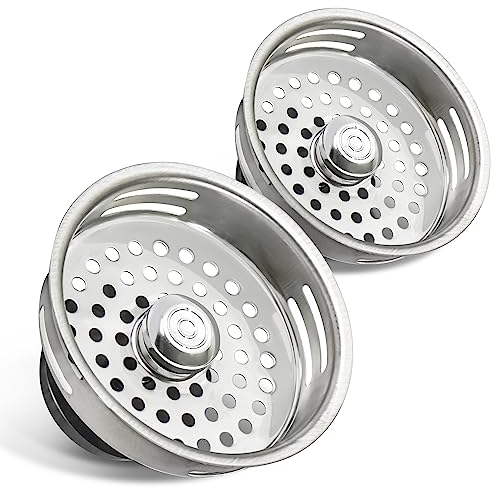 HIGHCRAFT 9843-2 Stainless Steel Kitchen Sink Strainer Basket Replacement for Standard Drains (3-1/2 Inch) -Universal Style Rubber Stopper (Pack of 2)