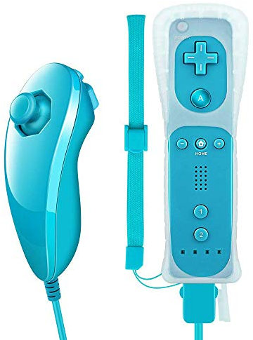 YiYunTE Télécommande Motion Plus 2 en 1 pour Wii et Wii U avec Nunchuk - Étui en Silicone et Bracelet Inclus - Bleu Clair