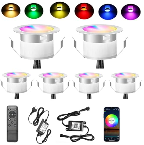 6er Bluetooth RGBWW Led Bodeneinbaustrahle Aussen 1.2W Ø45mm IP67 Wasserdicht LED Einbaustrahler Terrasse Küche Garten Led Lampe Full Kit