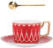 Eplze® Elegant Ceramic Teacup and Saucer Set, 8oz Coffee Cup for Afternoon Tea- Geometric Pattern (Red)