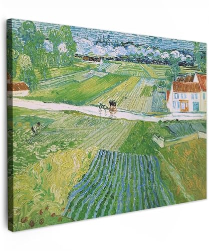 MuchoWow Leinwand Bilder, Einzigartige Wanddeko mit Rahmen, Landschaft mit Kutsche und Zug - Vincent van Gogh, Wandbilder Wohnzimmer, Deko Schlafzimmer 120x90 cm
