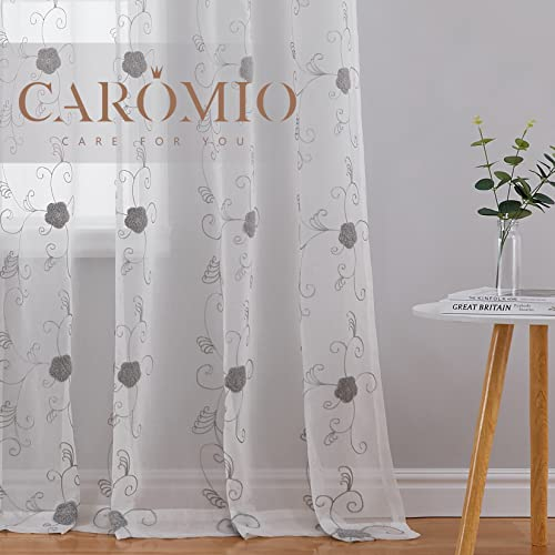 CAROMIO 2er Set Sheer Voile Vorhang Blumen Stickerei Vorhänge Ösenschal Gardine Halb Transparent Gardine aus Polyester Wohnzimmer Luftig Dekoschal für Schlafzimmer,Grau 140x260cm