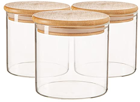Argon Tableware Scandi Storage Jars with Wooden Lids - 550ml - 3 Pack - Modern Round Organisation Container Glass Jar for Kitchens, Pantry, Bathrooms, Utility Rooms